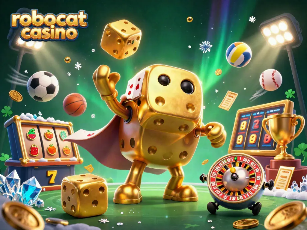 Experience the excitement of robocat casino with golden dice golem and vibrant gaming elements.