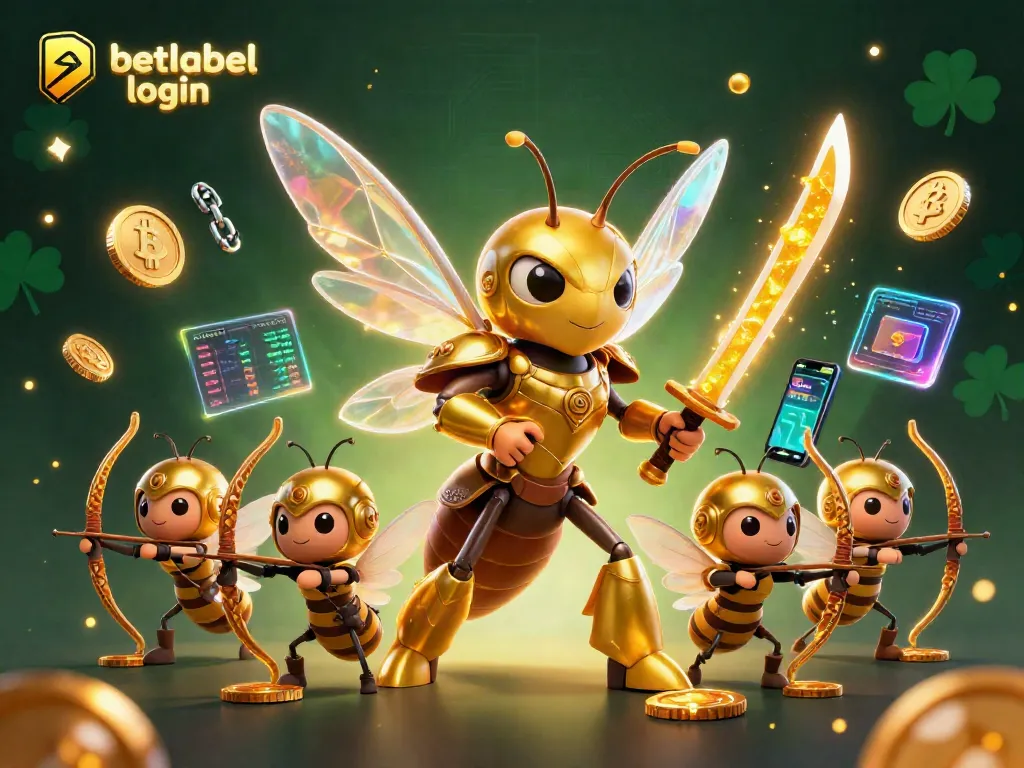 Access betlabel login with a vibrant 3D illustration showcasing a golden hornet samurai amidst crypto elements.