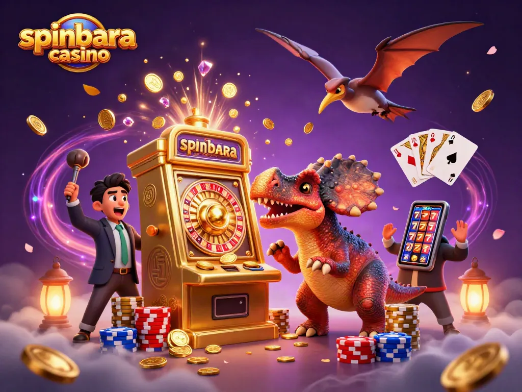 Experience spinbara casino action with a pachycephalosaurus hitting a golden slot machine for jackpot wins.