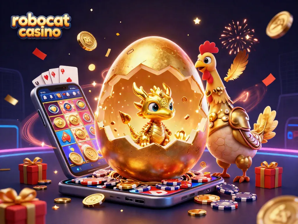 Engage with robocat casino's exciting slots, showcasing a baby dragon and golden poker chips.