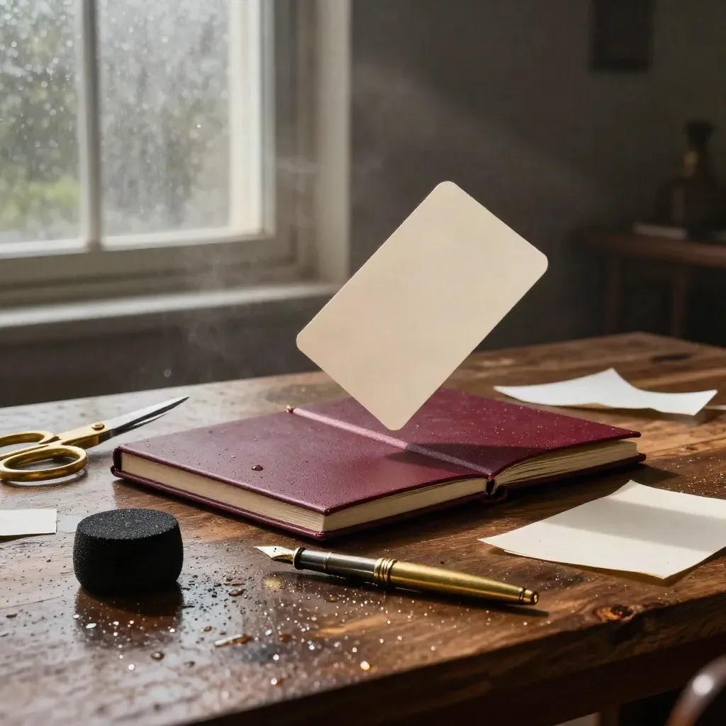 Cuaderno granate, tarjetas crema, tijeras y cachivaches de broma sobre mesa mojada por la lluvia.