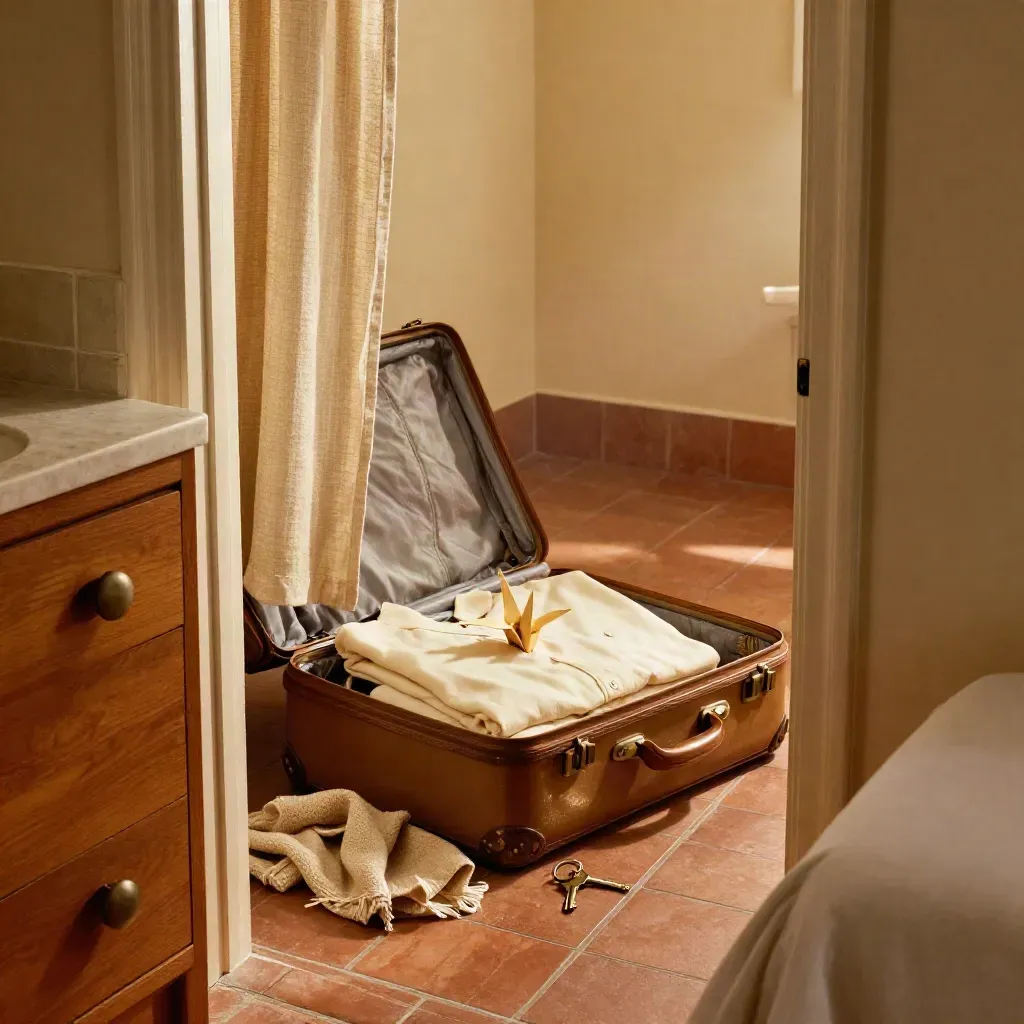 Habitación de motel con maleta abierta, grulla de papel, cortina movida y llave de bronce.