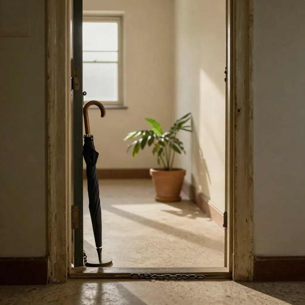 Pasillo de apartamento al atardecer con cadena en la puerta, paragüero y planta junto a la entrada.