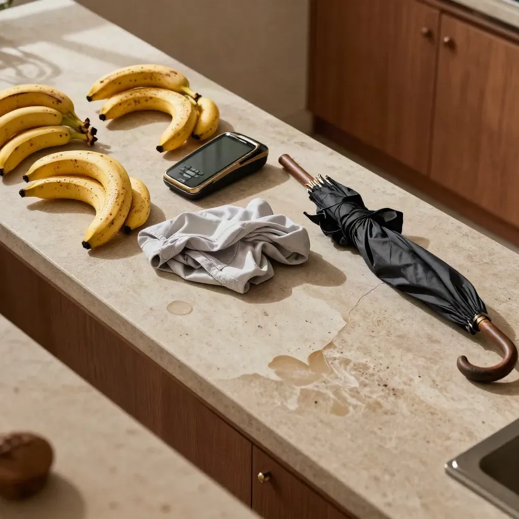 Bananas pasadas, móvil muerto, camisa arrugada y paraguas roto sobre una encimera.