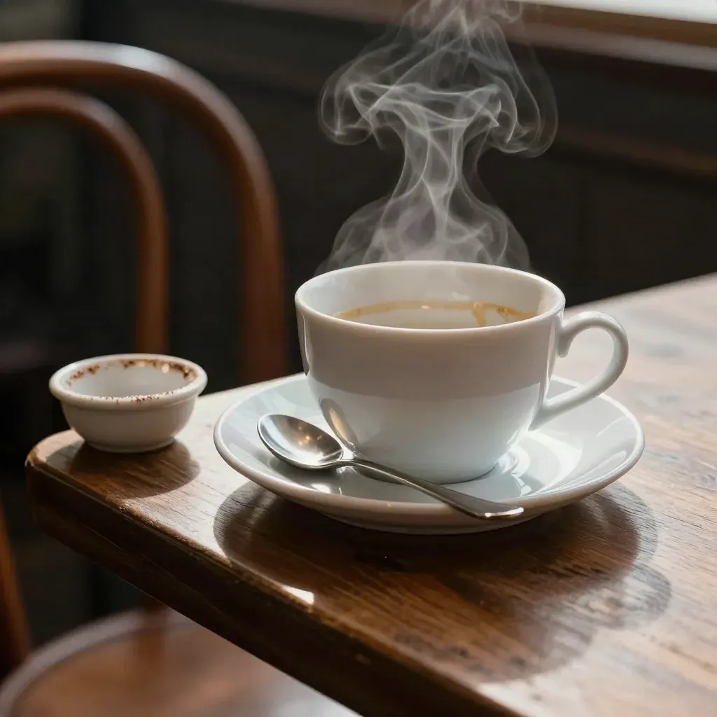 Mesa de café con taza vacía humeante, plato, cuchara y azucarero, con una silla torcida.