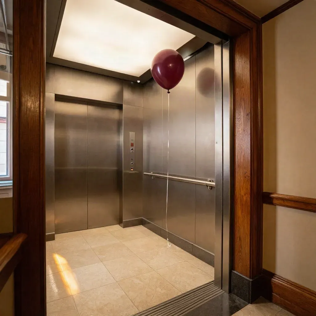 Vestíbulo de ascensor con globo granate, barandilla gastada y luz fría de tarde.