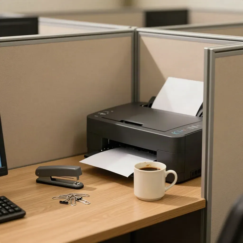 Cubículo de oficina con grapadora, clips, taza y bandeja de impresora abierta en luz cálida.