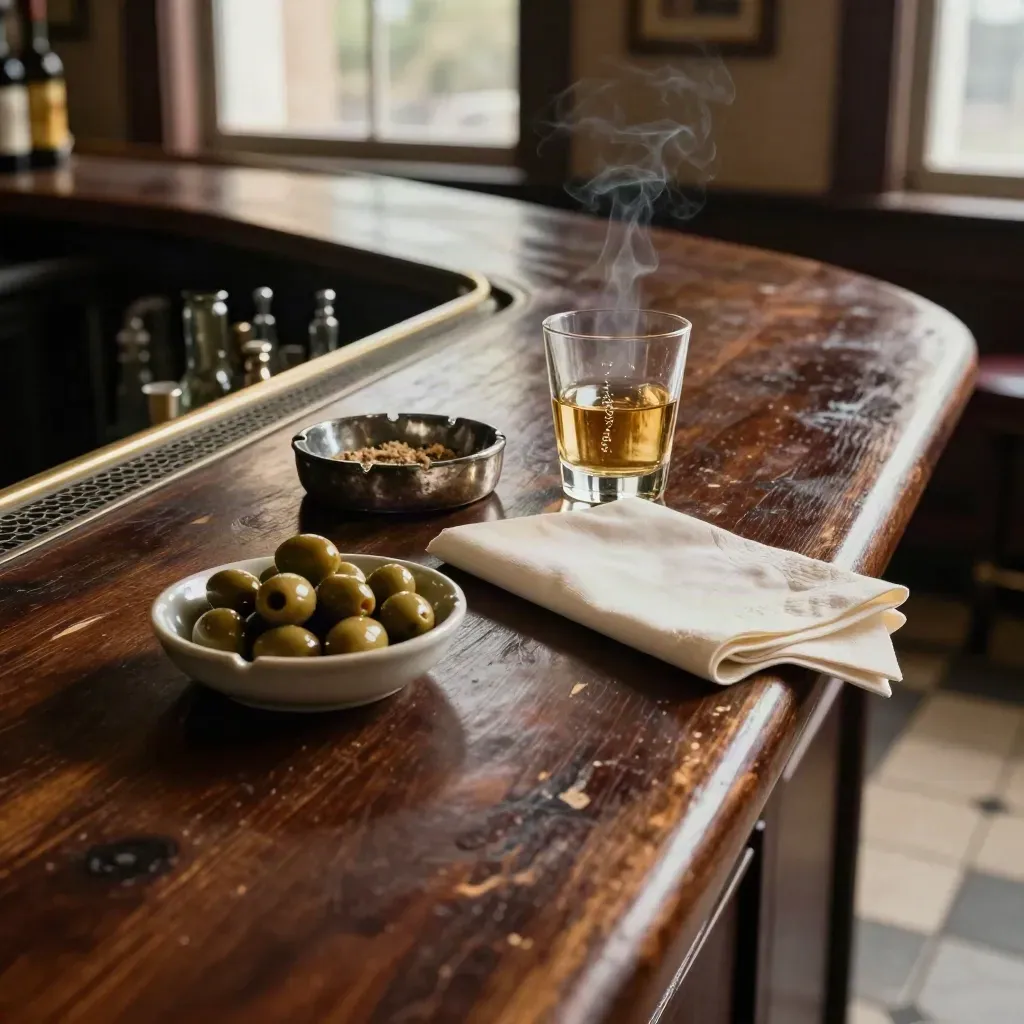 Mostrador de bar de pueblo con aceitunas, cenicero y un vaso con una burbuja final.