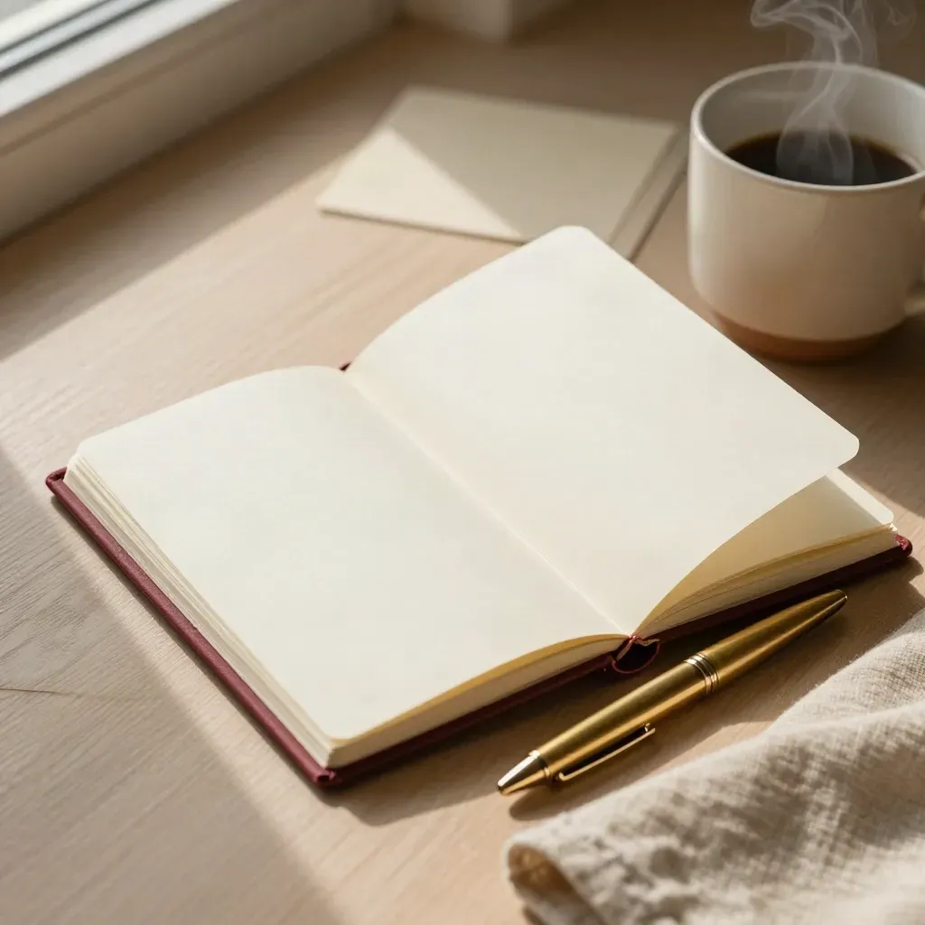 Cuaderno granate abierto, pluma de latón y taza crema sobre madera clara.