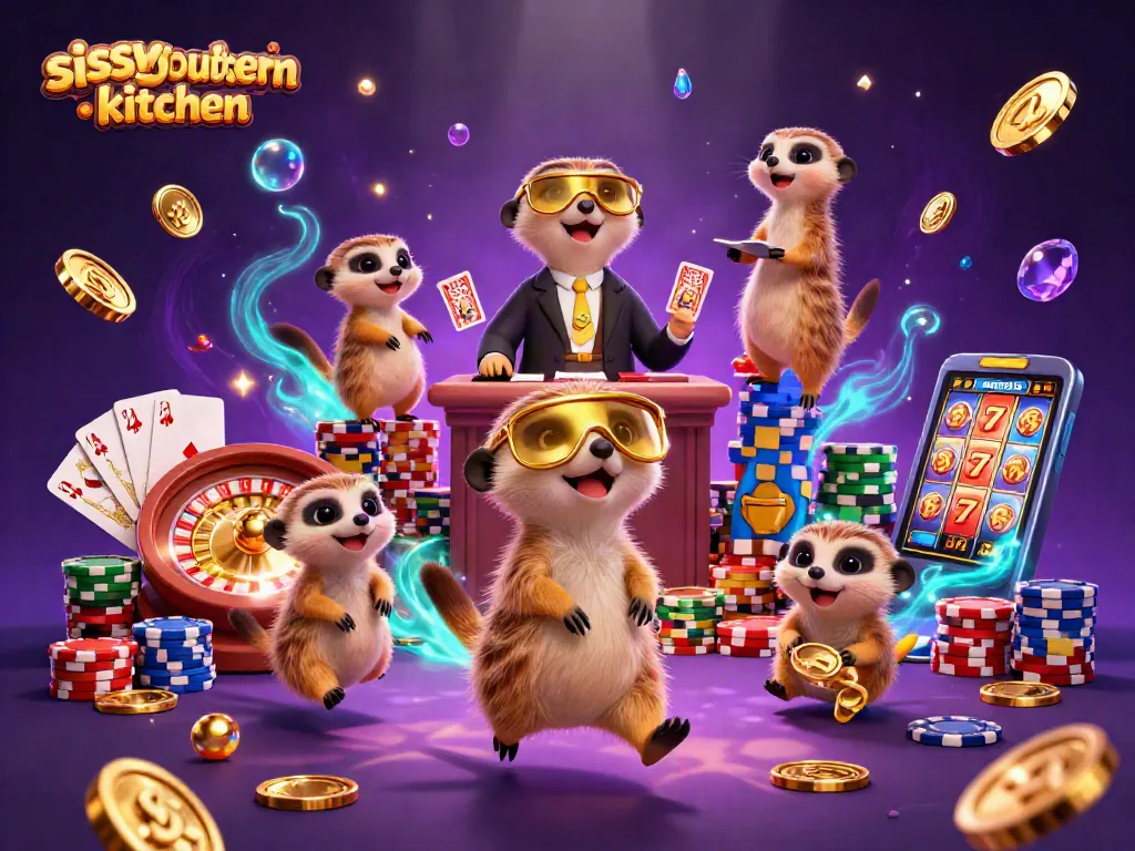 Engage with sissyssouthernkitchen as meerkats operate a whimsical casino, showcasing chips, cards, and vibrant elements.