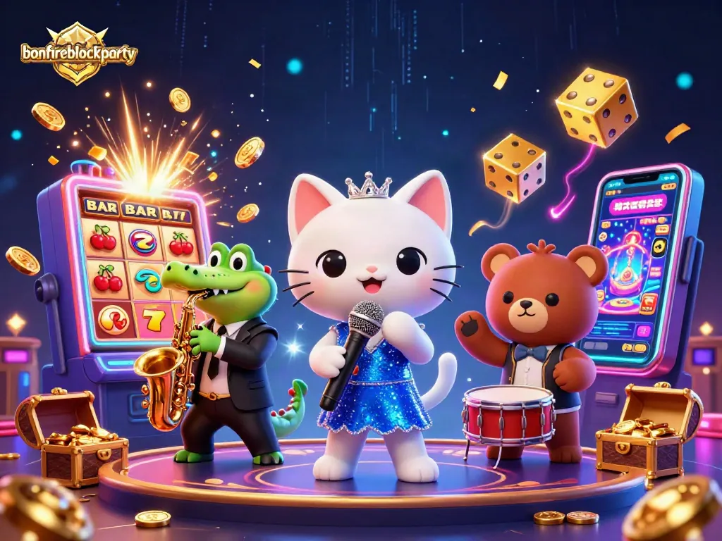 Experience the excitement of bonfireblockparty with a jazz-singer cat and colorful casino elements.