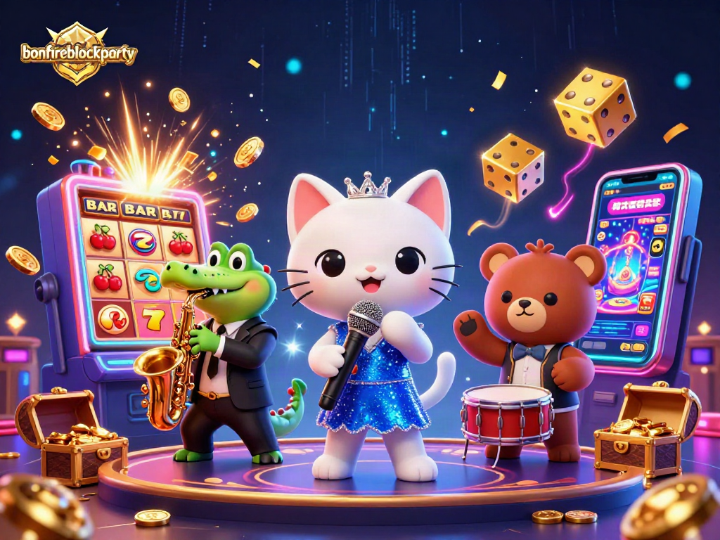 Experience the excitement of bonfireblockparty with a jazz-singer cat and colorful casino elements.