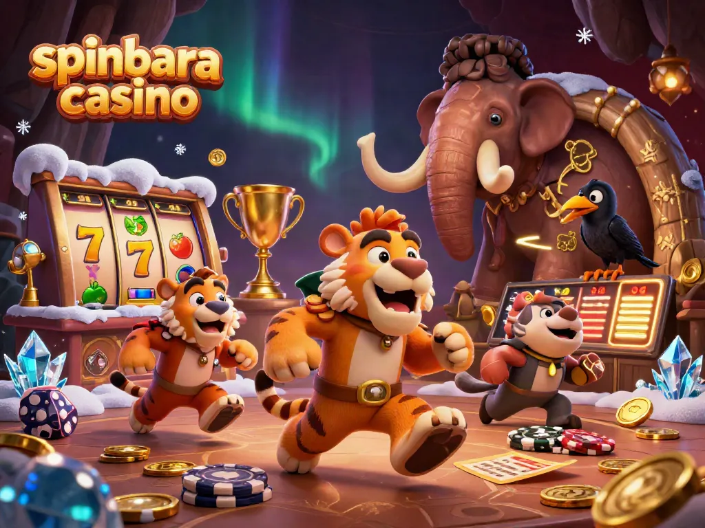 Engage with spinbara casino in a dynamic 3D scene of gaming excitement with cartoon caveman and sabertooth tiger.